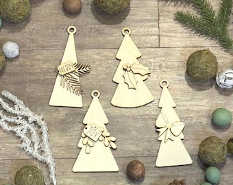DIY geschichtete Weihnachtsbaum Ornament Rohlinge, 4er Set unfertige lasergeschnittene Holzbäume mit anpassbaren Stücken, Feiertagsbastelkit oder Geschenkanhänger