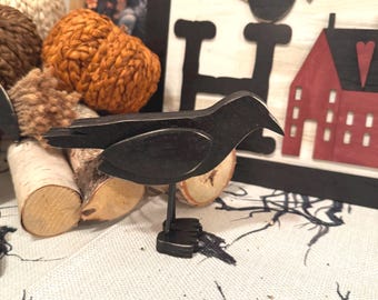 Rustic Wooden Crow Decor: Primitive Farmhouse Shelf Sitter