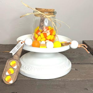 Jar of candy corn, candy corn decor, tiered tray decor, Halloween decor, fall decor, farmhouse decor, Halloween shelf sitter