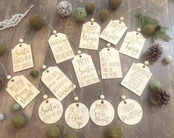 Funny Christmas Wine Bottle Gift Tags – Holiday Wine Tags for Gifts, Wooden Wine Charms, Hostess Gift Idea, Set of 4 or 5 Wooden Wine Tags