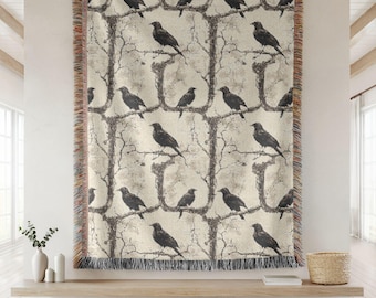 Gothic Raven Woven Blanket, Gothic Crow, Bird Lovers Woven Tapestry Blanket, Halloween Home Decor, Whimsigoth Woven Blanket, Cottagecore