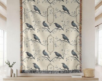 Gothic Raven Woven Blanket, Gothic Crow, Bird Lovers Woven Tapestry Blanket, Halloween Home Decor, Whimsigoth Woven Blanket, Cottagecore