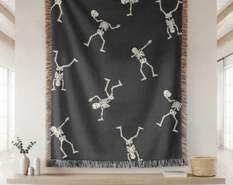 Woven Halloween Blanket, Skeleton Blanket, Gothic Skeleton, Cute Skeleton Decor, Halloween Home Decor, Woven Blanket, Blanket Gifts