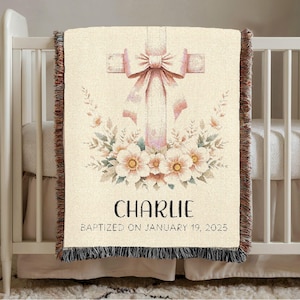 Personalized Baptism Baby Blanket, Baptism Christening Blanket for Girl, Woven Baby Blanket, Floral Cross Baptism, Floral Cross Baby Gift