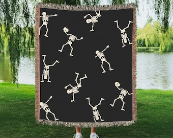 Woven Halloween Blanket, Skeleton Blanket, Gothic Skeleton, Cute Skeleton Decor, Halloween Home Decor, Woven Blanket, Blanket Gifts