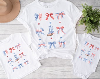 Patriotic Toddler Girl Baby Shirt, Matching Trendy Bow Shirts, Boho Coquette Bow Tee, Cute Fourth Of July Kids Shirt, Southern Country Girl