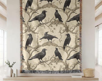 Gothic Raven Woven Blanket, Gothic Crow, Bird Lovers Woven Tapestry Blanket, Halloween Home Decor, Whimsigoth Woven Blanket, Cottagecore