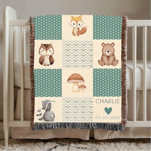 Personalized Baby Blanket, Custom Baby Name Blanket, Nursery Decor Gifts, Newborn Custom Blanket, Baby Shower Gift, Woodland Baby Blanket
