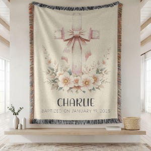 Personalized Baptism Baby Blanket, Baptism Christening Blanket for Girl, Woven Baby Blanket, Floral Cross Baptism, Floral Cross Baby Gift
