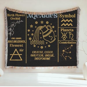Aquarius Zodiac Woven Blanket, Astrology Home Decor, Celestial Throw, Star Sign Gift, Cozy Tapestry, Horoscope Bedroom Accent