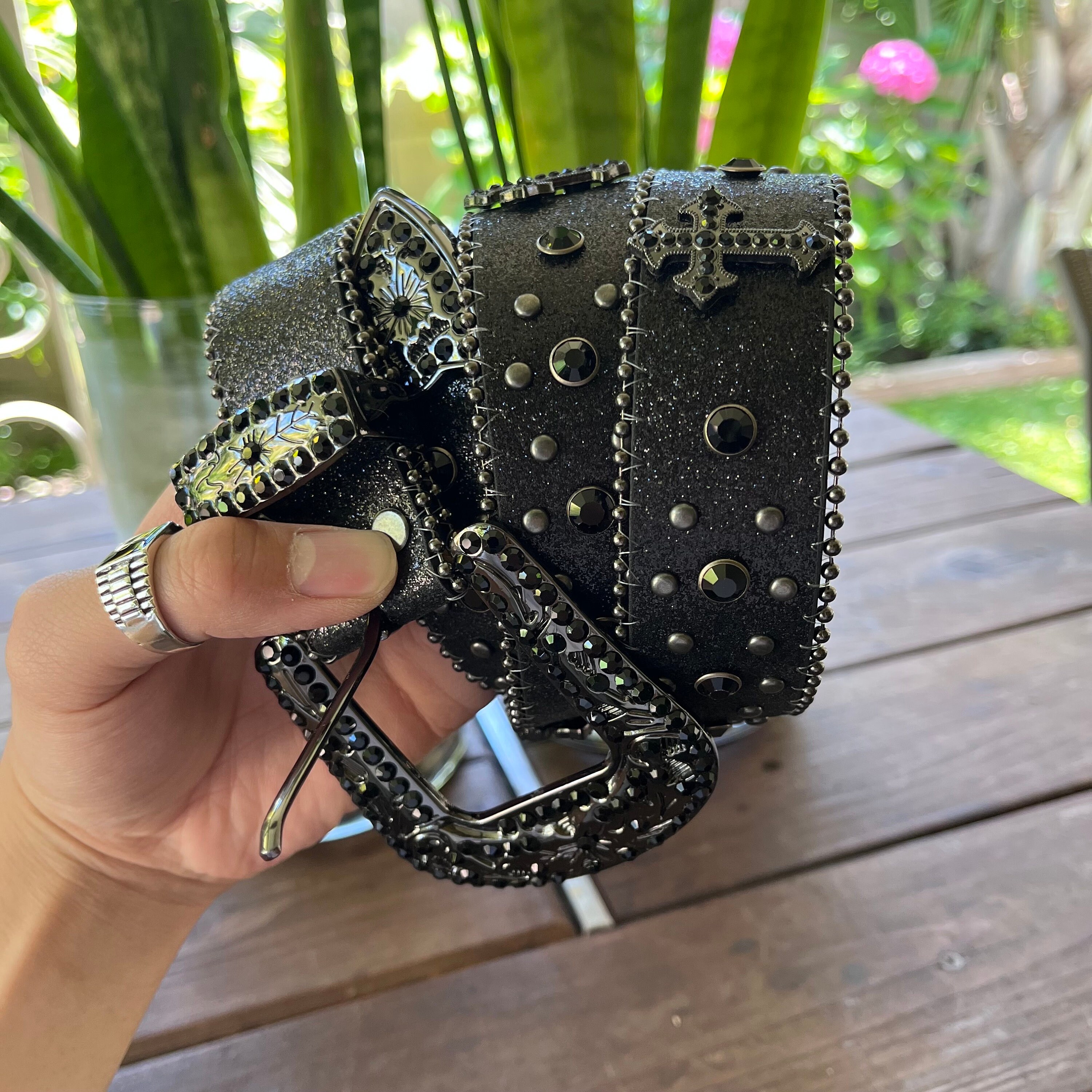 Y2k/2000s Black Rhinestones Detailing, With Metal Crosses