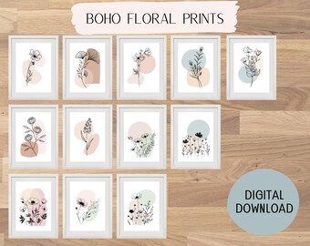 Customizable Minimalistic Boho Floral Digital Prints | Bundle of 12 Designs | 5 Sizes | Custom Background Colors | Printable Art Collection