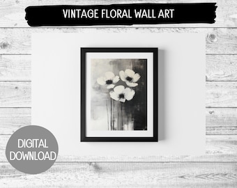 Vintage Black & White Floral Oil Painting Digital Wall Art | Printable Home Decor | 5 Sizes Available | Instant Download