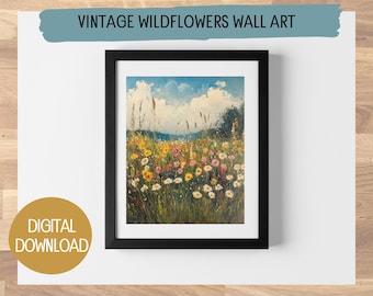 Vintage Rustic Wildflowers in a Field Oil Painting | Digital Print | Printable Wall Art | Various Sizes Available | Instant Download