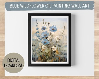 Blue Wildflowers Vintage Oil Painting - Digital Print, Scenic Home Decor, Available in 5 Sizes