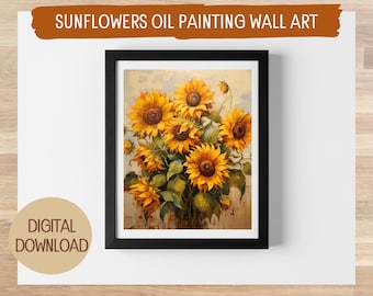 Printable Oil Painting of Sunflowers - Digital Art, Instant Download, Home Decor, Custom Sizes Available