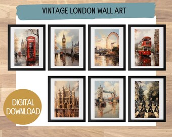 Vintage London Oil Painting Wall Art - Digital Print of Iconic London Landmarks, 5 Sizes Available