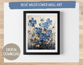 Printable Blue Wildflower Oil Painting Wall Art – Digital Art for Home Decor, Multiple Sizes, Instant Download