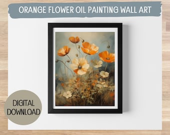Orange Wildflowers Vintage Oil Painting - Digital Print, Scenic Home Decor, Available in 5 Sizes