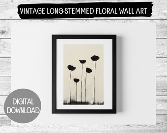 Vintage Black & White Long-Stemmed Flowers Oil Painting | Digital Print | Printable Wall Art | Various Sizes Available | Instant Download