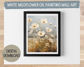 White Wildflowers Vintage Oil Painting - Digital Print, Scenic Home Decor, Available in 5 Sizes