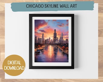 Chicago Skyline Printable Oil Painting – Stunning Wall Art, 5 Available Sizes – Digital Chicago Cityscape Art