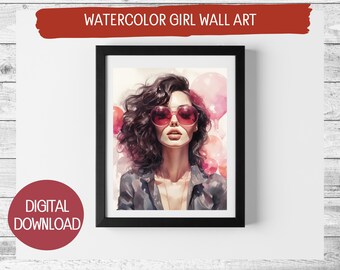 Printable Watercolor Wall Art – Woman Wearing Sunglasses with Red & Purple Bubbles – Digital Art for Home Decor, Instant Download