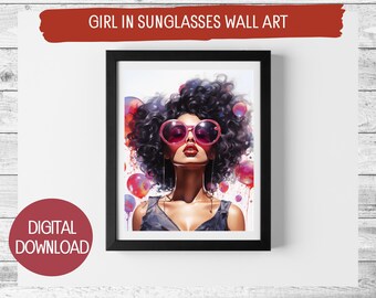 Printable Watercolor Wall Art – Woman Wearing Sunglasses with Red & Purple Bubbles – Digital Art for Home Decor, Instant Download