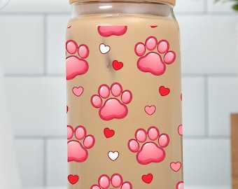 Envoltura UV DTF con huella de pata de San Valentín / Diseño de lata de vidrio de 16 oz PNG