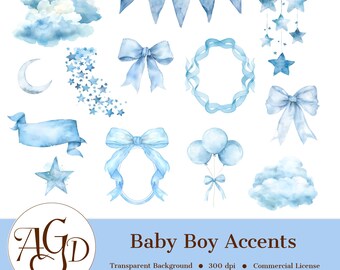 Clipart de detalles decorativos para bebé niño / Lazos, guirnaldas y flores azules para guardería / Elementos PNG de invitación