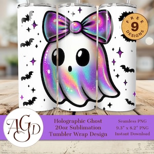 Emballage holographique pour verre fantôme PNG | Conception mince de sublimation d'Halloween de 20 oz | Fantôme kawaii mignon avec noeud | Téléchargement numérique