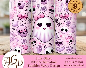 Envoltorio para vaso de fantasma rosa kawaii / Sublimación de calavera gótica pastel (PNG)