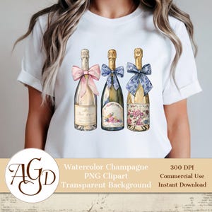 Watercolor Champagne Bottles with Coquette Bows | Social Club Watercolor Design | Preppy Design | Sublimation Design | Grandmillennial PNG