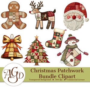 Könnte beinhalten: Eine Sammlung von Weihnachts-Patchwork-Clipart, darunter ein Lebkuchenmann, ein Rentier, der Weihnachtsmann, eine Glocke, ein Weihnachtsbaum, ein Strumpf und ein Schneemann. Die Designs weisen eine Vielzahl von Farben und Mustern auf, mit dem Text "Christmas Patchwork Bundle Clipart".