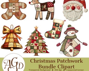 Paquete de imágenes prediseñadas de patchwork navideño / Gráficos navideños acolchados y acogedores / Pan de jengibre, Papá Noel, reno, muñeco de nieve y árbol PNG