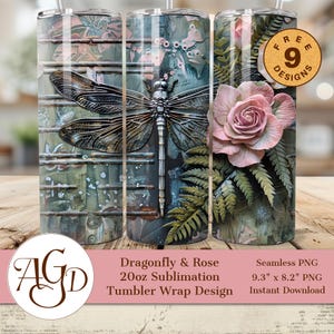 Envoltório para copo de libélula e rosa PNG – Design de sublimação para copo de 20 oz – Envoltório floral rústico inspirado na natureza com samambaias e textura vintage