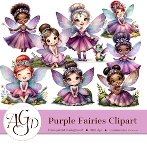 Purple Woodland Fairy Clipart, commercial use, fairy garden, junk journal clipart, Digital Download