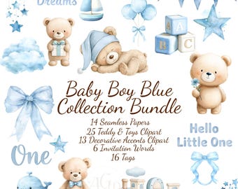 Paquete de imágenes prediseñadas náuticas para bebé niño: papeles, ositos de peluche, juguetes, detalles y textos; invitaciones azules para guardería.