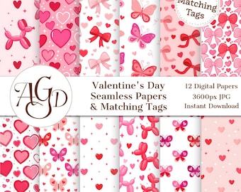 Paquete de papeles sin costuras para San Valentín: papeles digitales con corazones, lazos, globos y perros rosas