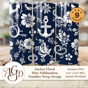 Tumbler Wrap con ancora floreale blu da 20 once, png di vita marittima, png di ancora, licenza commerciale
