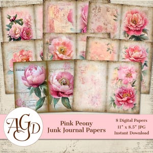 Puede incluir: Ocho papeles digitales con peonías rosas sobre un fondo vintage. Los papeles miden 28 cm x 21,5 cm y están en formato JPG.  Peonías rosas Papeles de diario de desecho. Descarga instantánea.