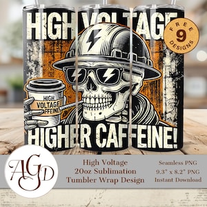 Emballage pour gobelet haute tension à haute teneur en caféine PNG - Design à sublimation de 20 oz pour les amateurs de café, graphisme pour casque de sécurité, humour d'électricien