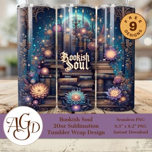 Bookish Soul Tumbler Wrap PNG | Dark Academia Book Stack with Candles & Florals | 20oz Skinny Sublimation Design | Digital Download