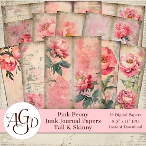 Pink Peony Tall and Skinny Junk Journal Paper, Junk Journal Pages, Digital Junk Journal, Vintage Paper, flowers, floral papers