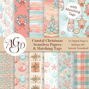 Può includere: Una collezione di 12 carte digitali a tema natalizio costiero. I disegni includono coralli, conchiglie, alberi di Natale e confezioni regalo nei toni del verde acqua, corallo e beige. L'immagine include anche tag abbinati.