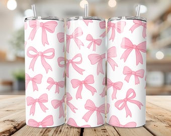 Pink Coquette Bows Tumbler Wrap PNG – 20oz Skinny Seamless Sublimation Design – Soft Girly Bow Pattern – Instant Digital Download