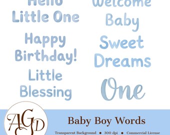 Arte de palabras de bebé niño PNG / Palabras de acuarela de guardería azul / Clipart de texto de invitación y cumpleaños