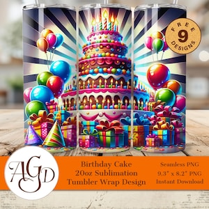 Birthday Cake Tumbler Wrap PNG | Colorful Birthday Party 20oz Skinny Tumbler Sublimation Design | Balloons Presents Candles Digital Download