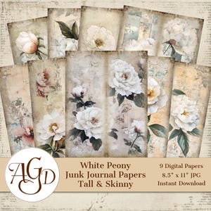 White Peony Tall and Skinny Junk Journal Paper, Junk Journal Pages, Digital Junk Journal, Vintage Paper, flowers, floral papers