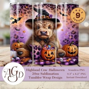 Emballage de gobelet d'Halloween vache Highland PNG | Design fin par sublimation, 20 oz | Jolie vache sorcière avec citrouilles et bonbons | Téléchargement numérique